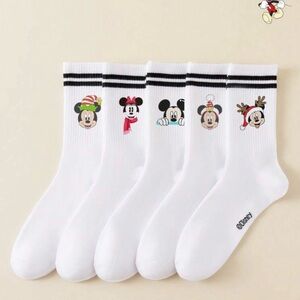 Disney Festive White Socks with Mickey and Friends Christmas 5 pair New